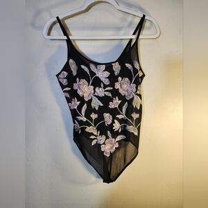 Express bodysuit sheer embroidered floral front & back spaghetti straps sz M